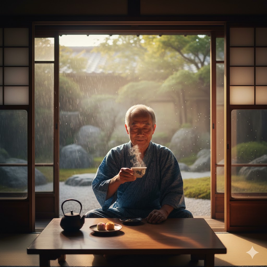 お茶を楽しむシニア男性